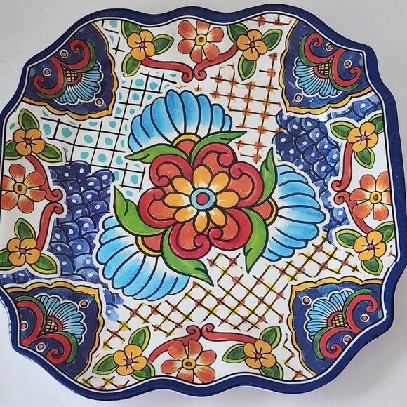 IL Mulino Spanish Tile 4 Salad and 1 Dinner Plates Blue MELAMINE Square Floral - Picture 3 of 11